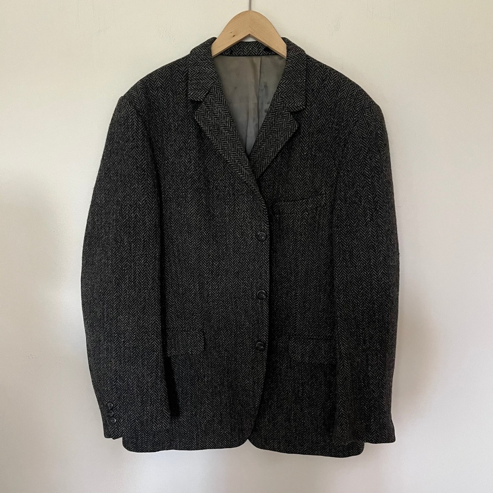 Odermark Harris Tweed Herringbone Blazer Mens 54 R Grey Wool Sport Coat Scotland
